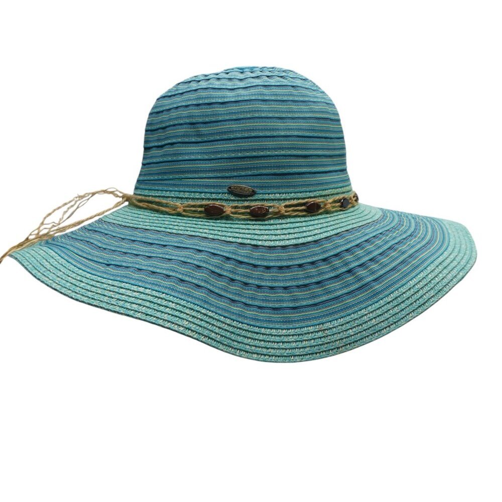 Scala Collezione Turquoise‎ Blue Striped Wide Brim Floppy Paper Braid Hat Womens